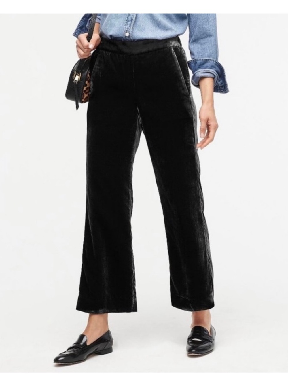 NWT J. Crew Pull On Peyton Pants Velvet Cropped Wide Leg Lined Black Size 10